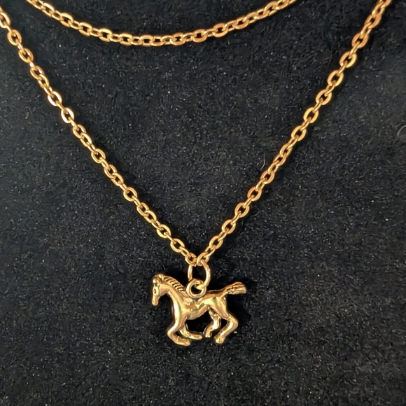 Gold Horse Pendant Double Layer Necklace 19 Inch - Picture 3 of 5